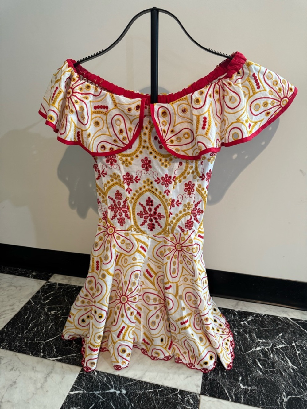 Fiozato Dress Off Shoulder Embroidered Boho Mini Cottagecore Size S Festival